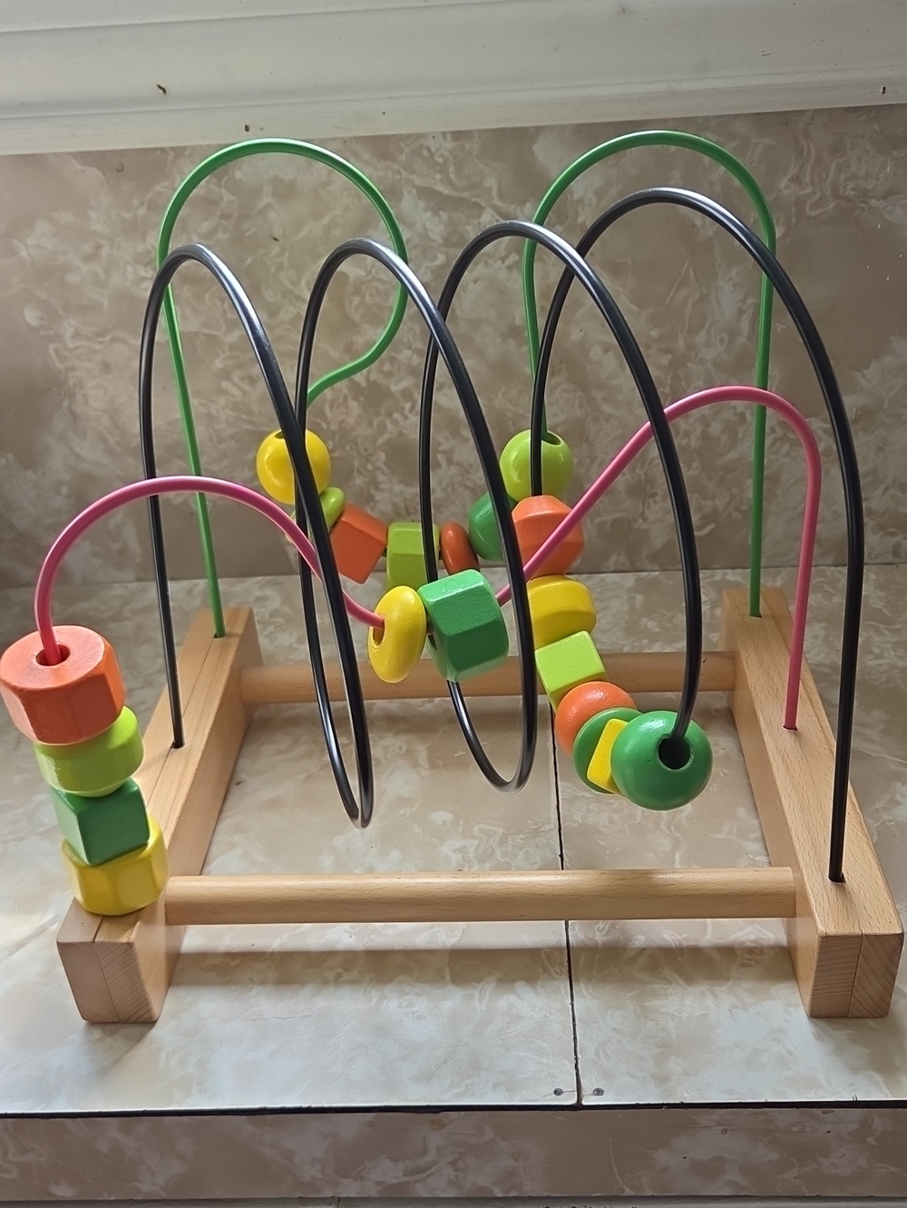Wooden Big Bead Maze Activity Toy - Colorful Green, Pink, Black Beads 34mm